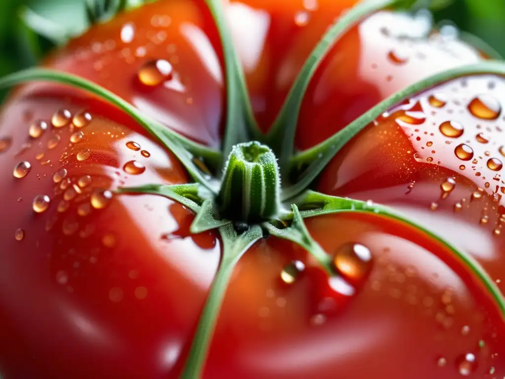 Detalle de un tomate orgánico maduro con gotas de agua, resaltando su belleza natural