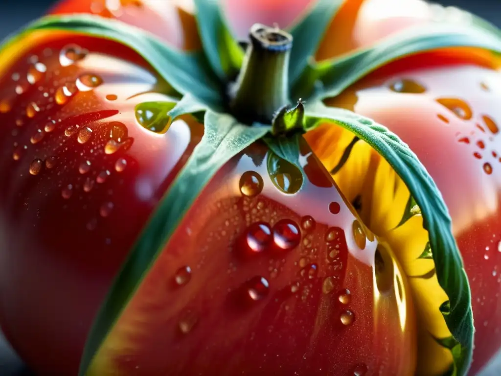 Detalle de un tomate heirloom vibrante y fresco, resaltando su forma irregular, color rojo intenso y patrones intrincados