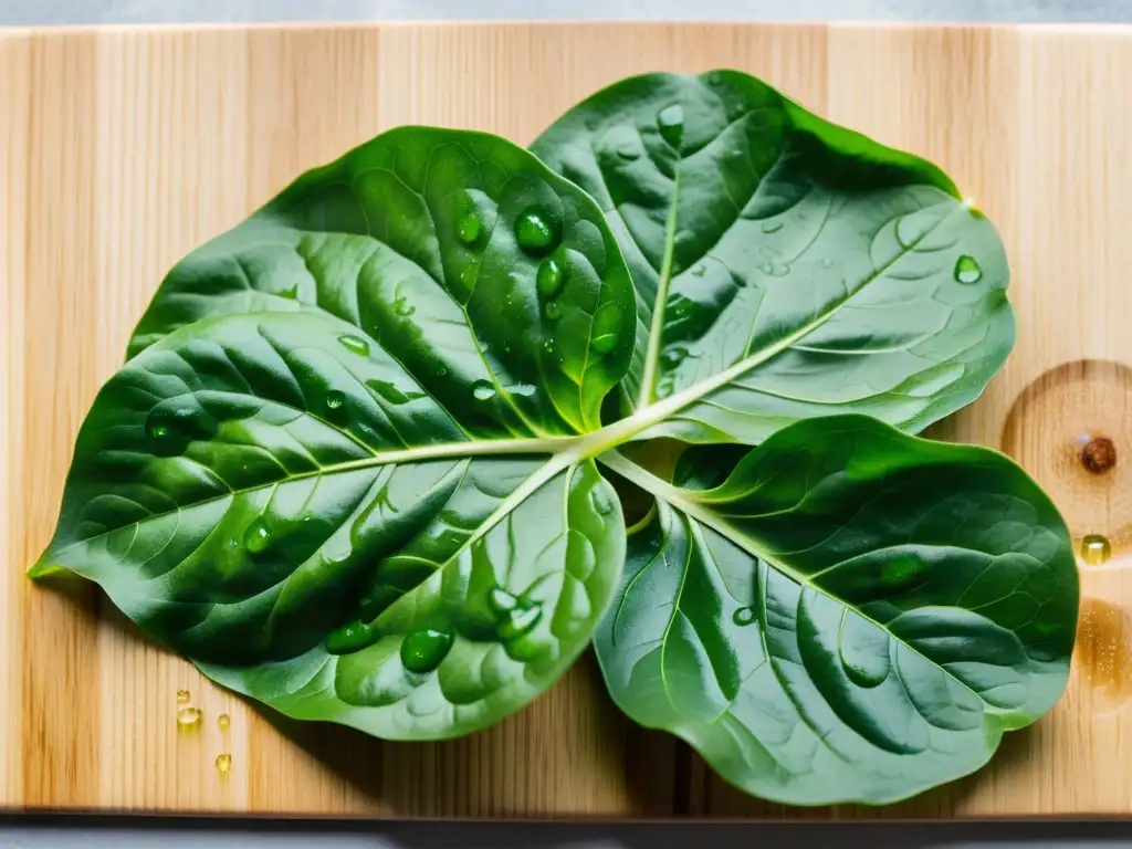 Detalle ultra vívido de hojas orgánicas de espinaca en tabla de madera, con beneficios de la clorofila en alimentos orgánicos