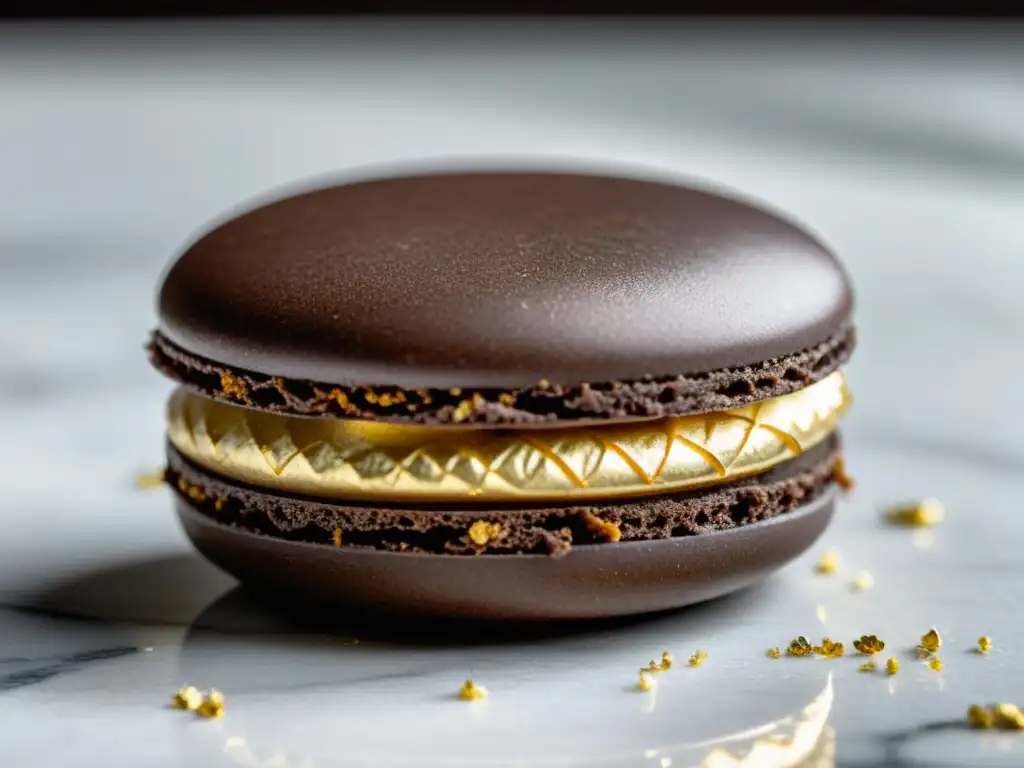 Detalle ultrarrealista de un macaron de chocolate oscuro con brillo dorado, sobre mármol blanco