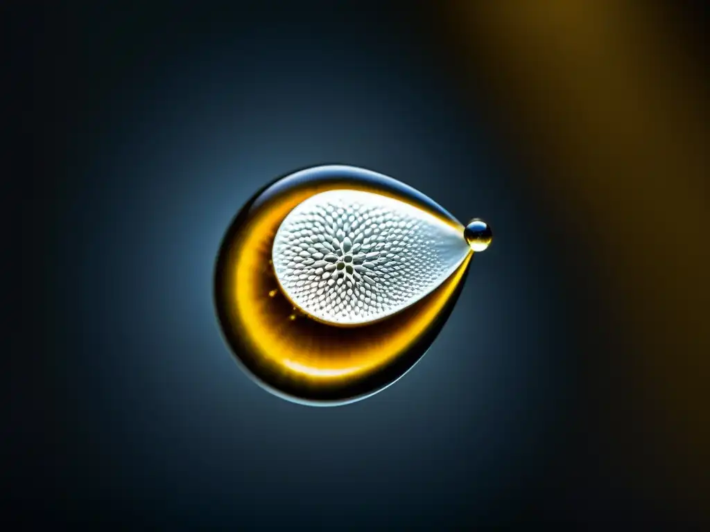 Detalle ultrarrealista de una semilla orgánica con gotas de agua, destacando su textura e impacto de la biotecnología en semillas orgánicas