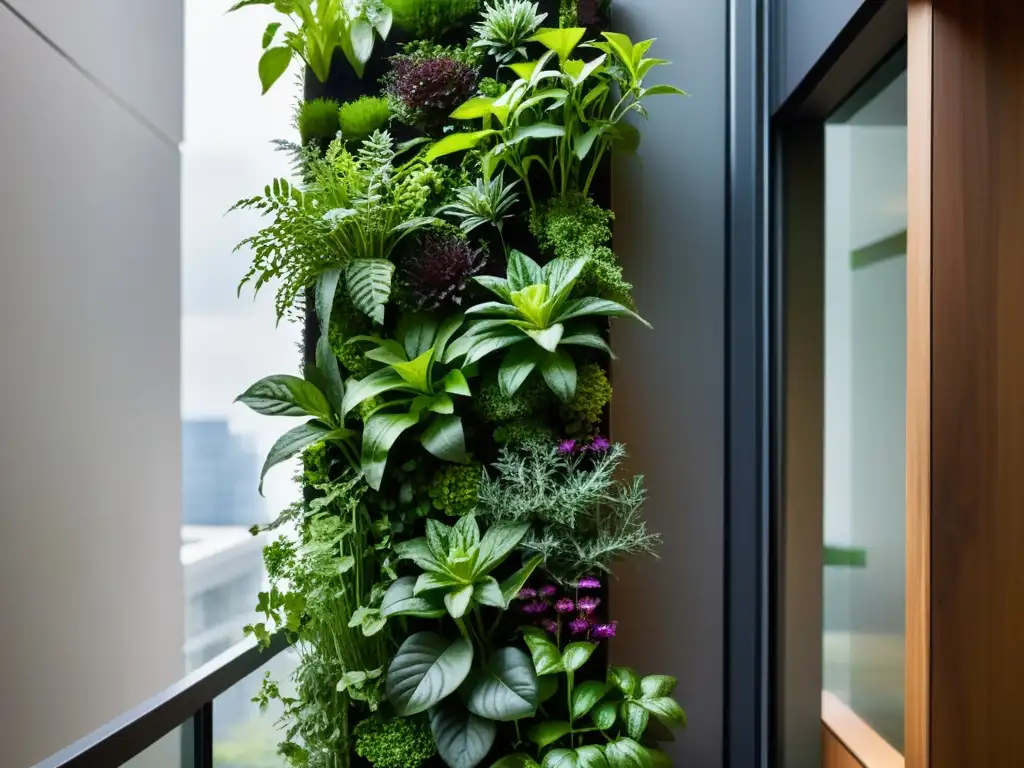 Detalle de jardín vertical orgánico en apartamento urbano