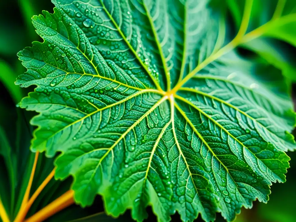 Detalle vibrante de una hoja de col rizada verde con gotas de agua, evocando frescura y la belleza orgánica de los snacks verdes saludables