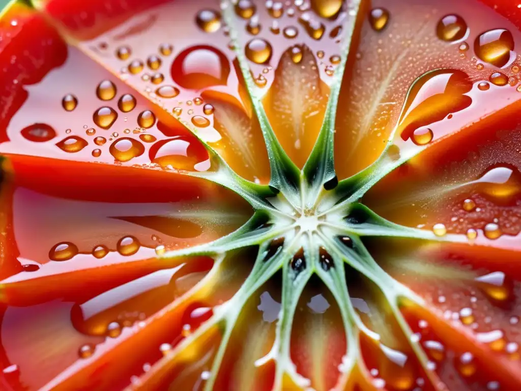 Detalle vibrante de una rodaja de tomate orgánico con gotas de rocío, resaltando su color rojo intenso, patrón de semillas e textura delicada