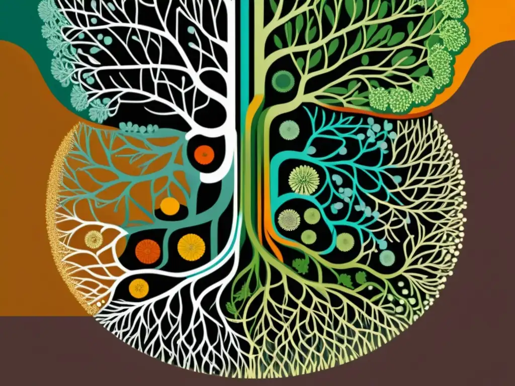Simbiosis subterránea: raíces y hongos en ilustración detallada Detalle vibrante de la simbiosis entre raíces de plantas y hongos micorrícicos en alimentos orgánicos