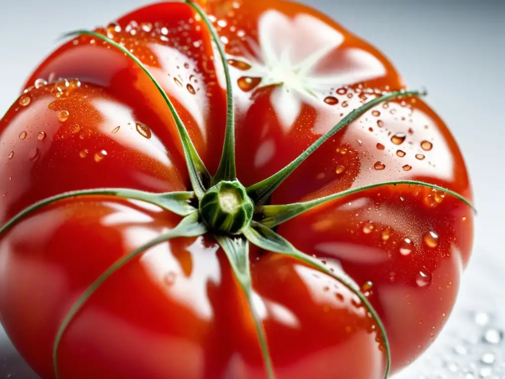 Detalle vibrante de un tomate maduro con gotas de agua, iluminación suave