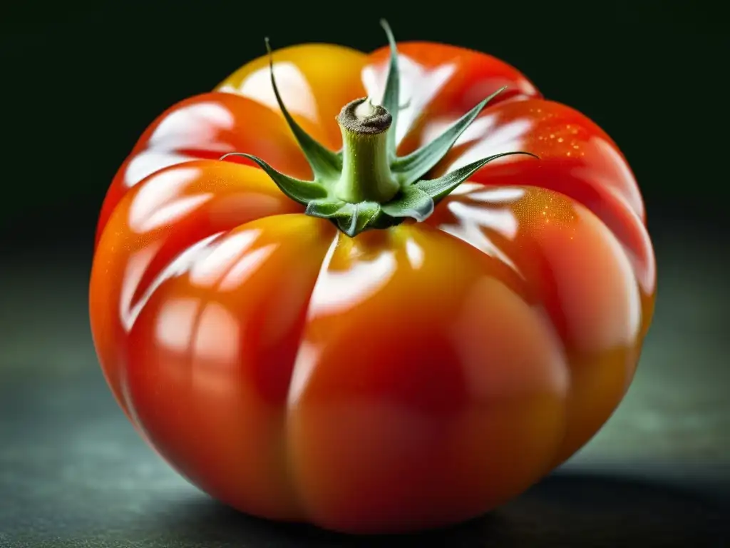 Detalle vívido de un tomate heirloom, destacando sus colores vibrantes y forma única