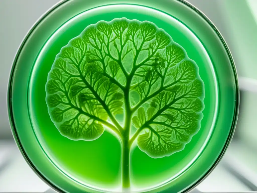 Detalle vivo de cultivos de tejidos vegetales orgánicos en una petri dish, mostrando la delicada estructura celular