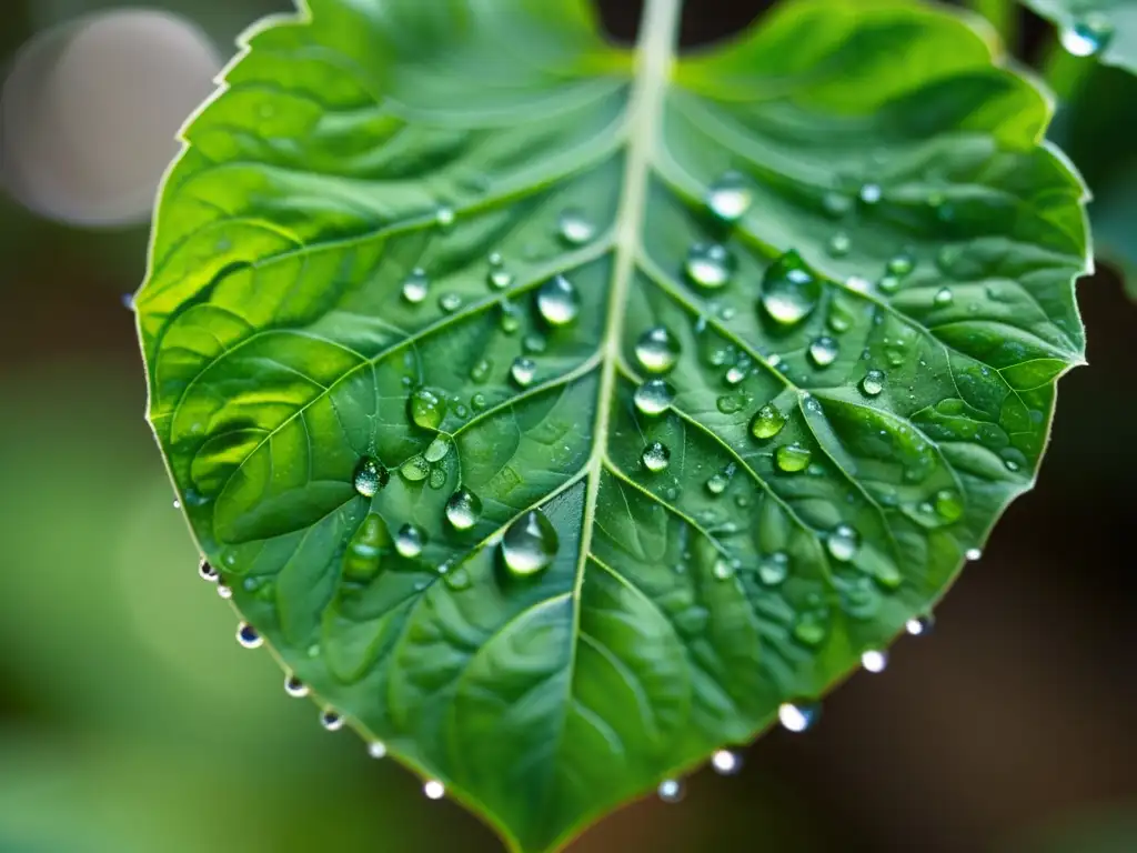 Detalles asombrosos: hoja de albahaca con gotas de agua, resplandeciendo al sol