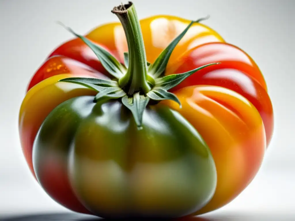 Detalles coloridos y texturas de un tomate ancestral, resaltando su biodiversidad y cultivo orgánico