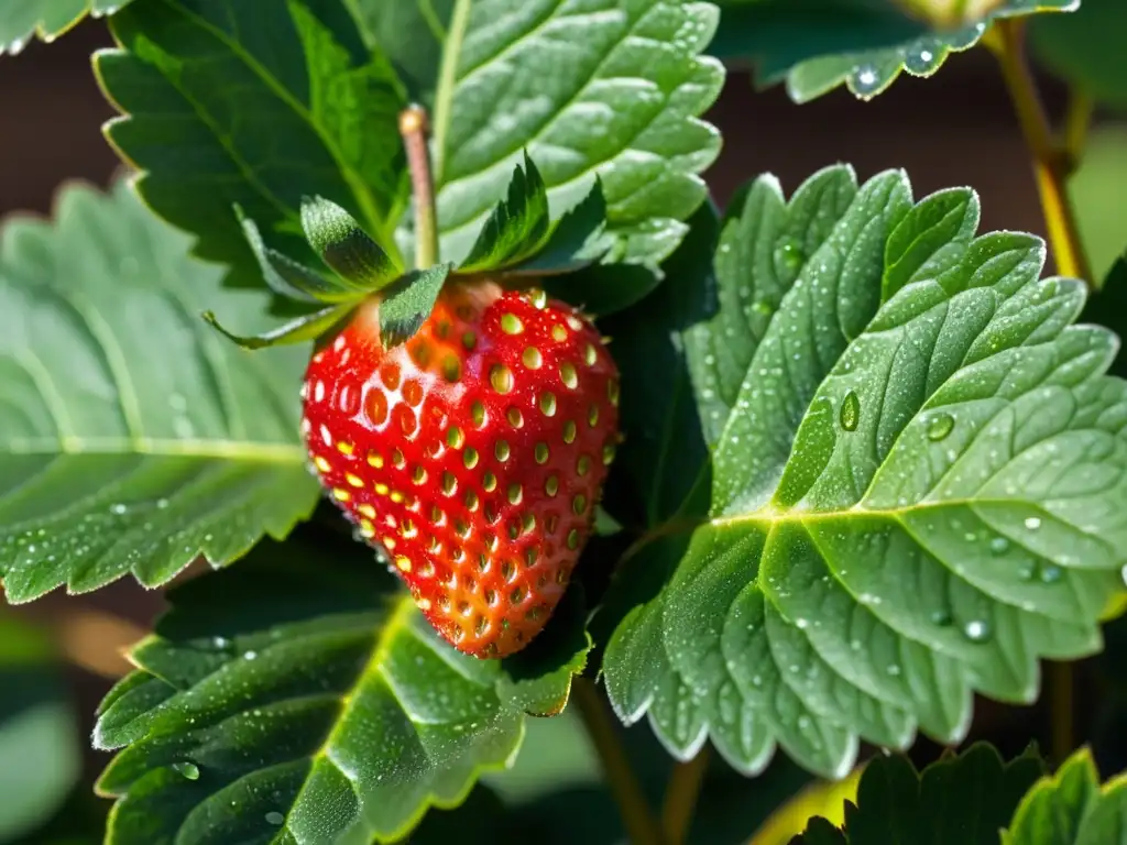 Detalles de fresa orgánica madura en hojas verdes, verificación científica productos orgánicos