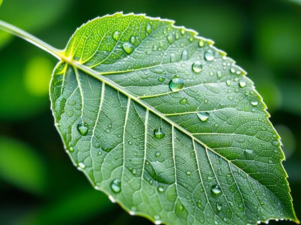 Detalles de una hoja verde vibrante con gotas de rocío, iluminada por el sol