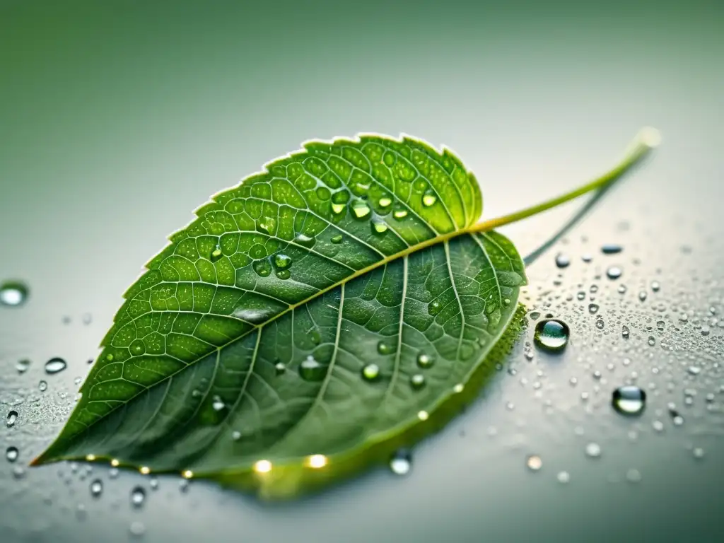 Detalles de una hoja verde vibrante con gotas de agua, resaltando la sostenibilidad y certificaciones orgánicas