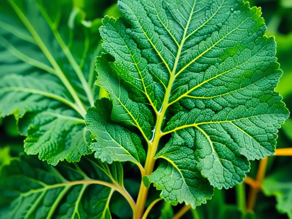 Detalles orgánicos de hojas de kale verde vibrante con gotas de agua