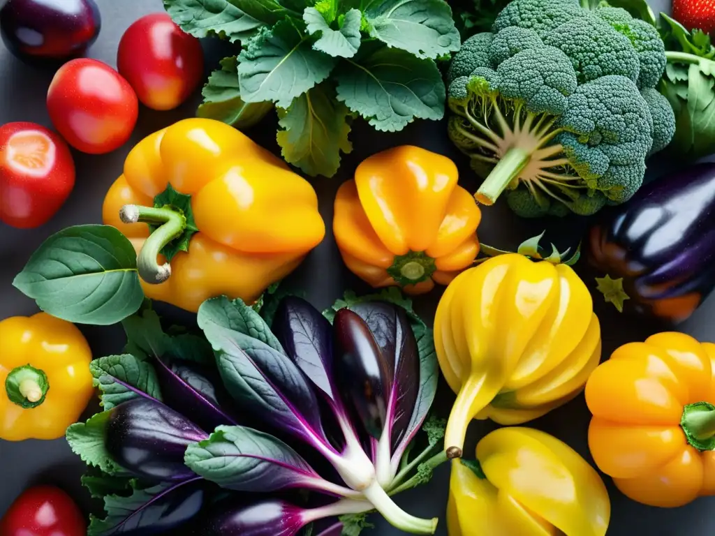 Detalles vibrantes de alimentos orgánicos: fresas maduras, kale verde, berenjenas moradas y pimientos amarillos