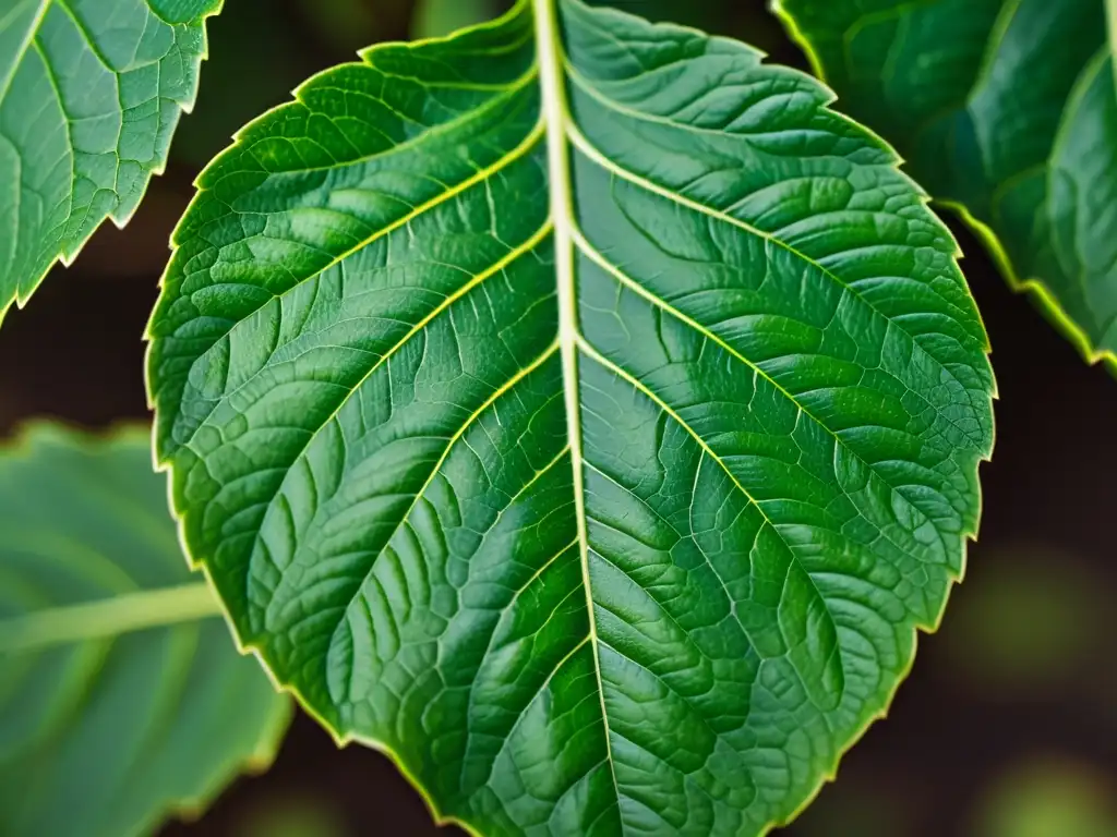 Detalles vibrantes de una hoja verde sana, resaltando la vitalidad de la vida vegetal orgánica