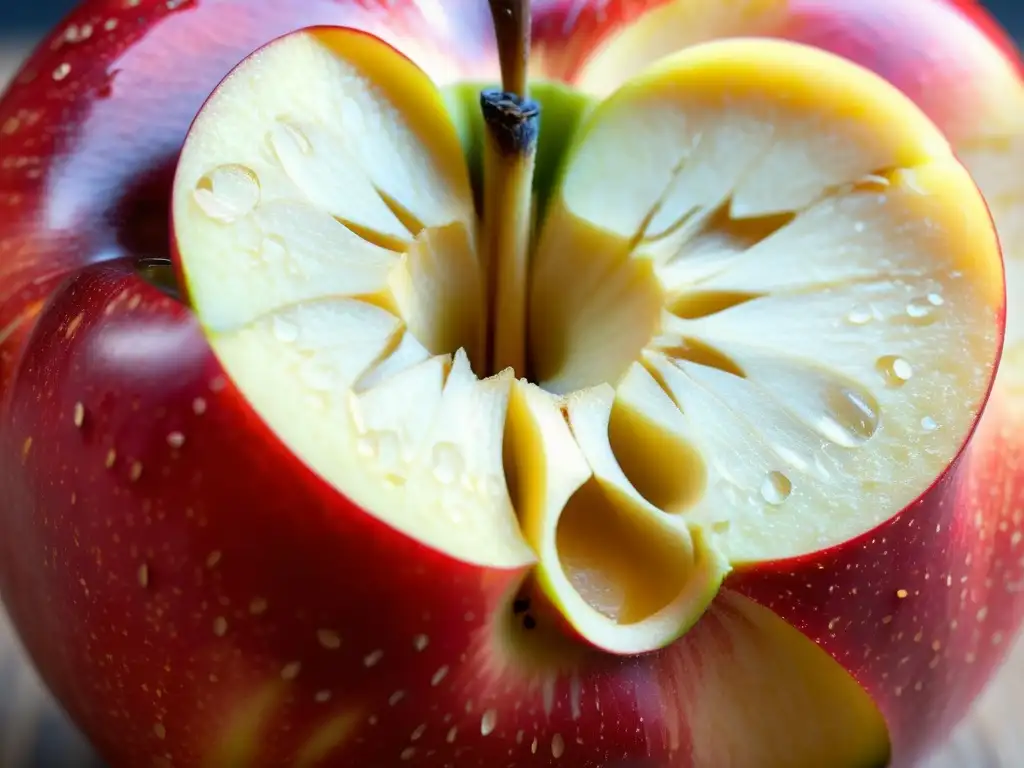 Detalles vibrantes de una manzana roja en corte, evocando pureza y frescura