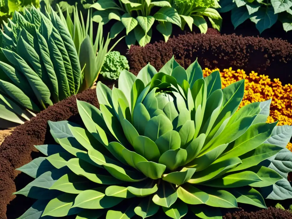 Detalles vibrantes de un jardín orgánico diverso, resaltando la conservación de la biodiversidad y la elección de alimentos orgánicos