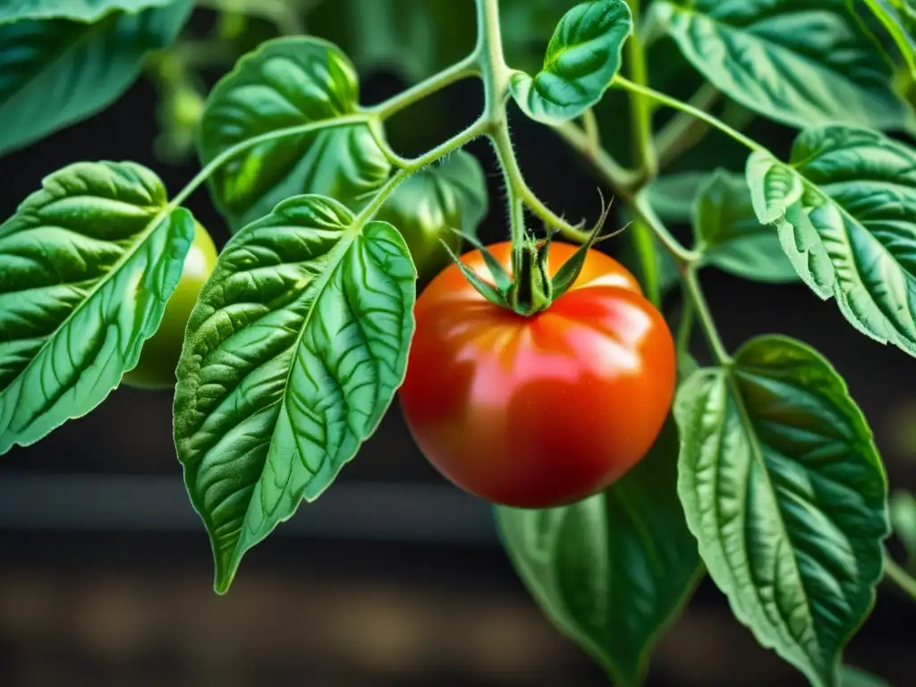 Detalles vibrantes de una planta de tomate orgánica, iluminada por luz natural