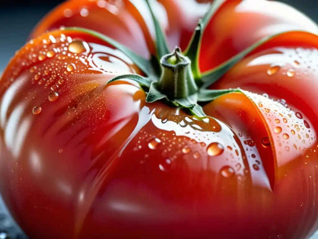 Detalles vibrantes de un tomate orgánico recién cosechado, con gotas de rocío bajo la suave luz matutina