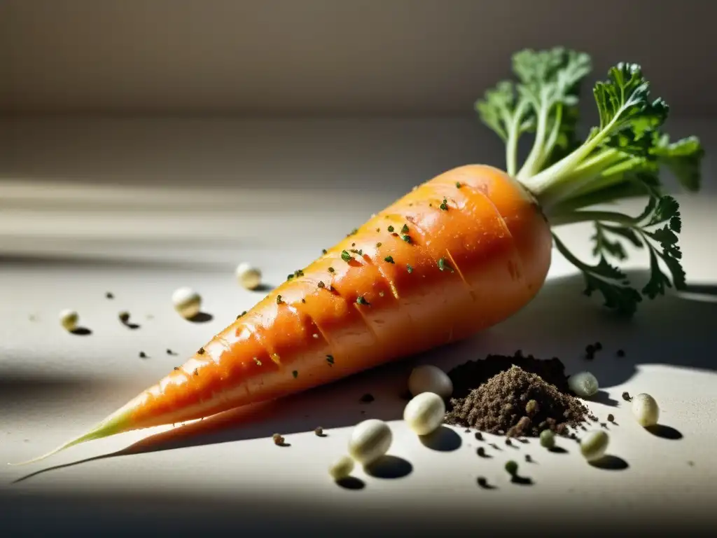 Detalles de zanahoria orgánica recién cosechada con tierra, resaltando su belleza natural