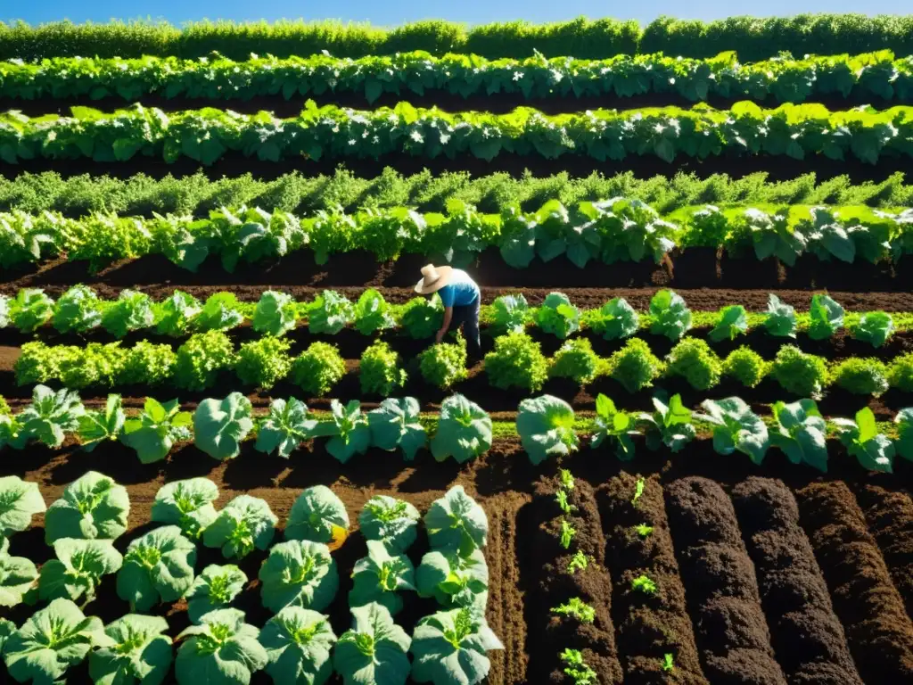 Un día sereno en una granja orgánica, con cultivos ordenados y un agricultor cuidando una pila de compost