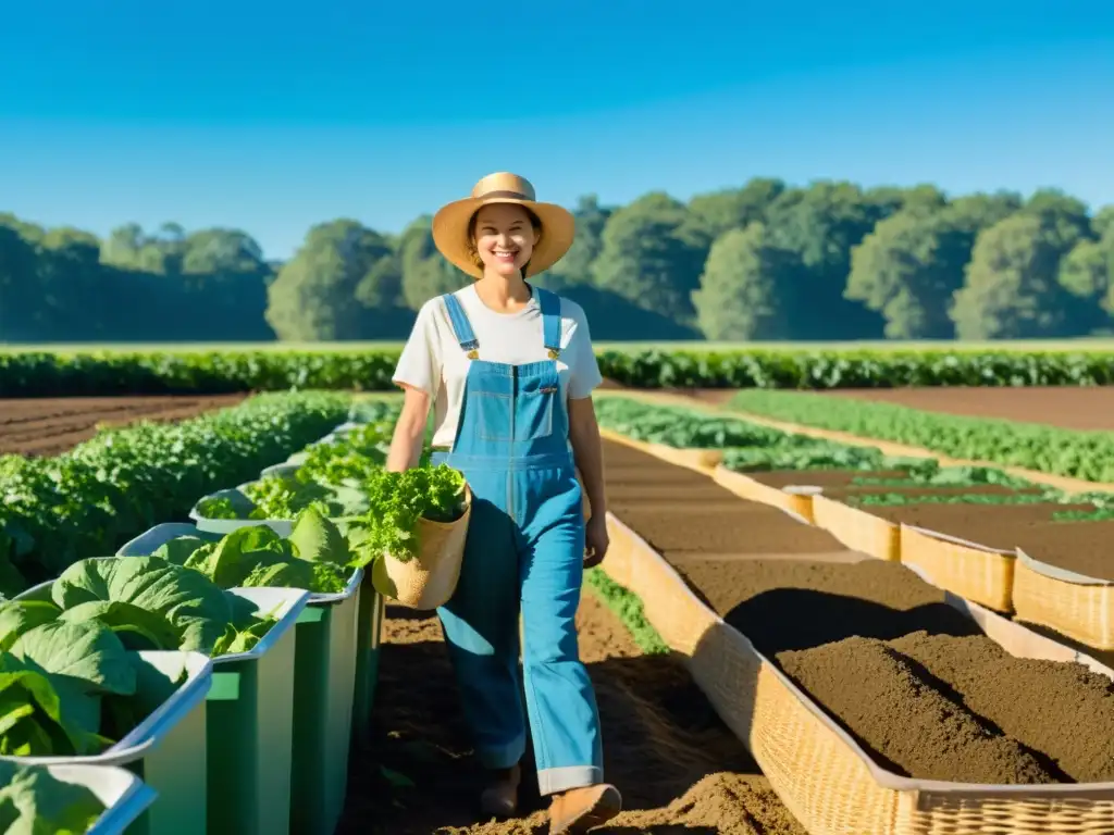 Un día sereno en una granja orgánica con cultivos ordenados bajo el cielo azul