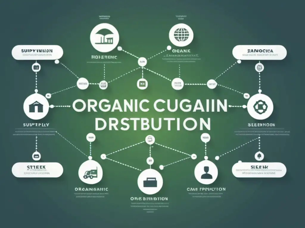 Diagrama elegante y moderno de la cadena de suministro de productos orgánicos, con nodos interconectados en un esquema monocromático sofisticado, que transmite profesionalismo y eficiencia