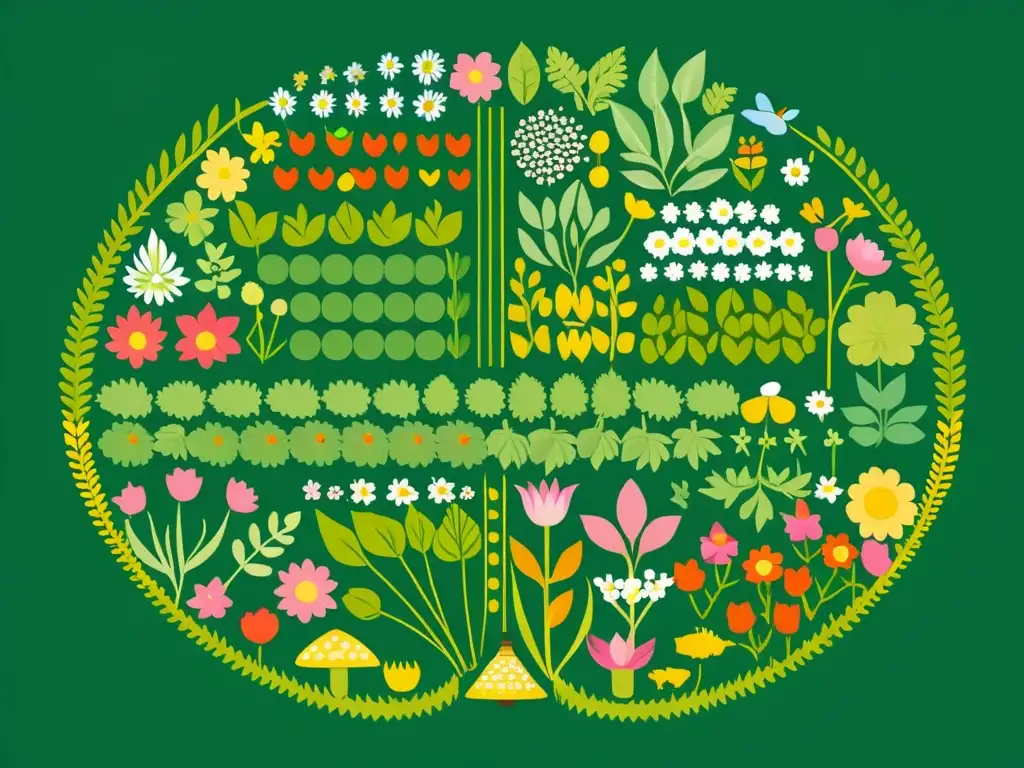 Diferencias entre biodinámica y permacultura: ilustración serena de un próspero jardín, con cultivos orgánicos y vida silvestre en armonía