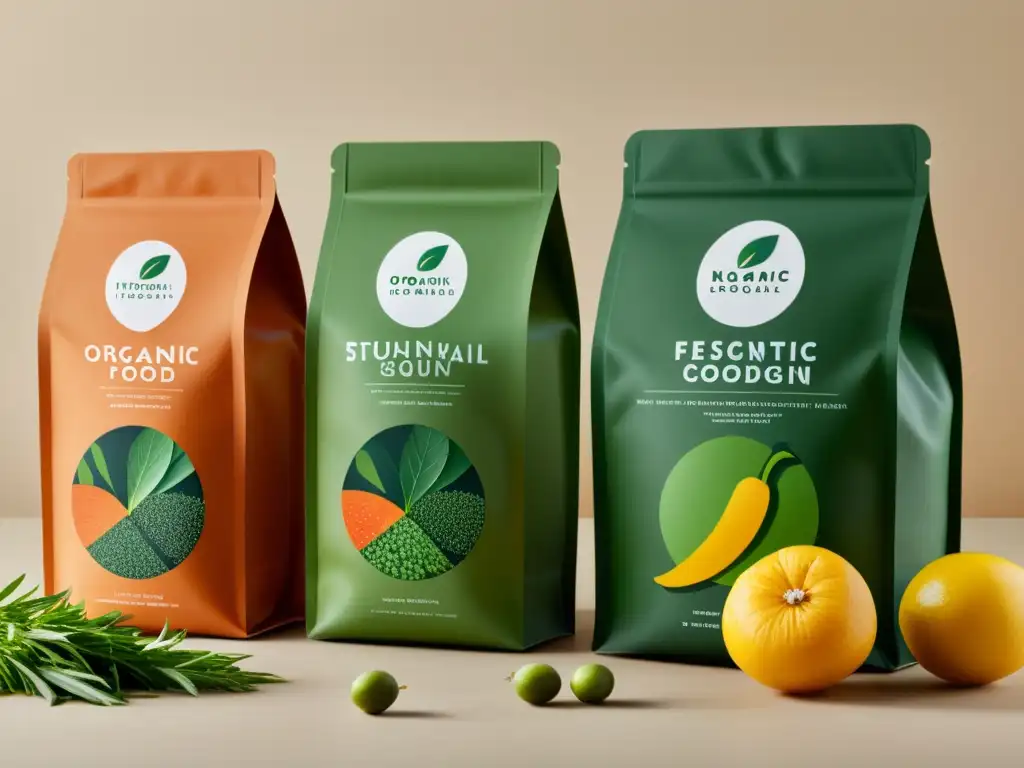 Diseño de packaging ecológico para alimentos orgánicos con colores naturales y líneas limpias, junto a productos frescos y vibrantes