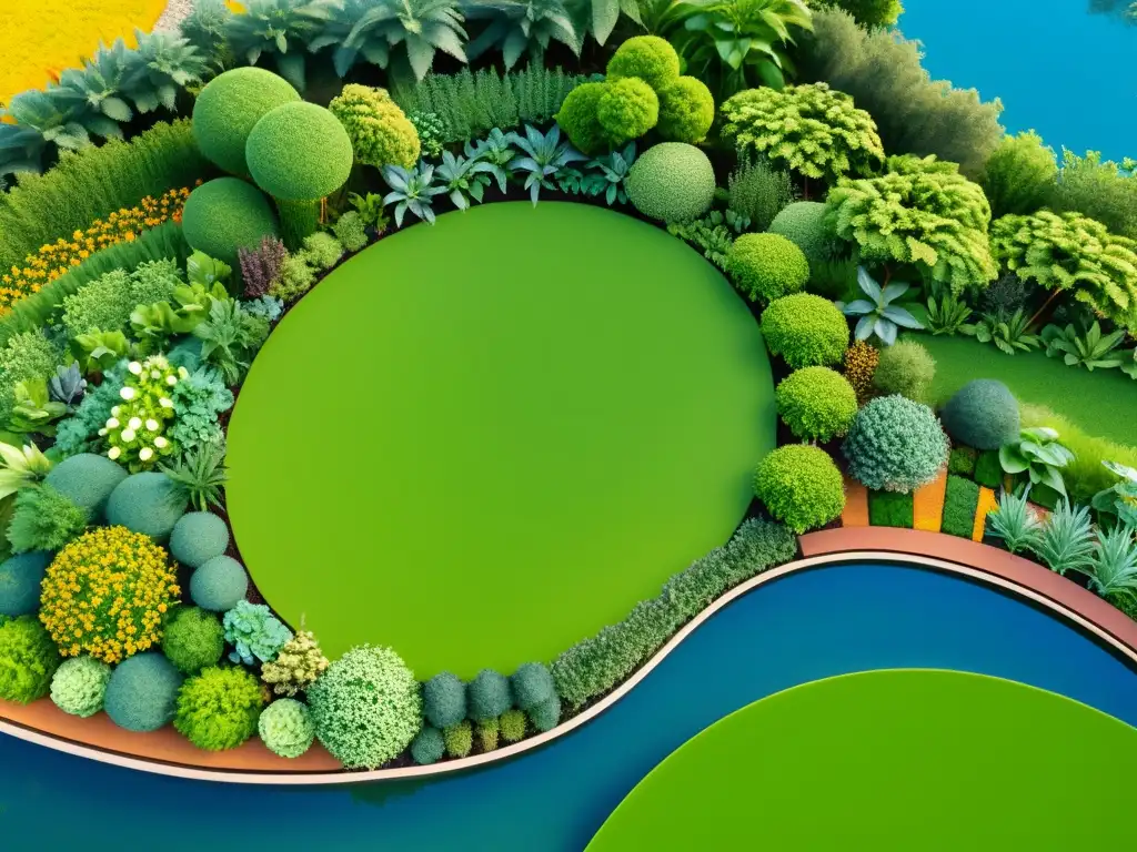 Jardín de permacultura: biodiversidad y belleza en armonía Diseño de sistemas de permacultura en un exuberante jardín biodiverso con vida silvestre próspera y manejo eficiente del agua