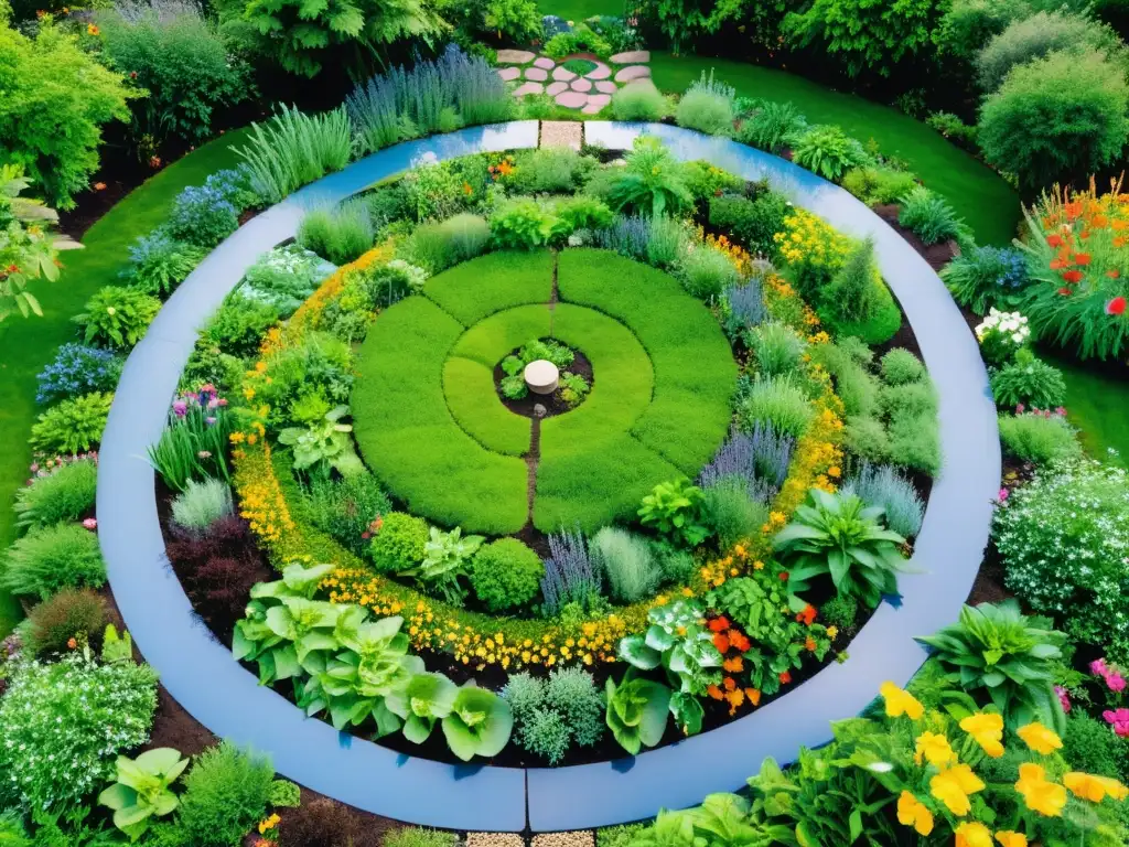 Jardín de permacultura armonioso y exuberante Diseño de sistemas de permacultura: Jardín exuberante con plantas verdes, flores coloridas y vegetales, senderos sinuosos y armonía natural