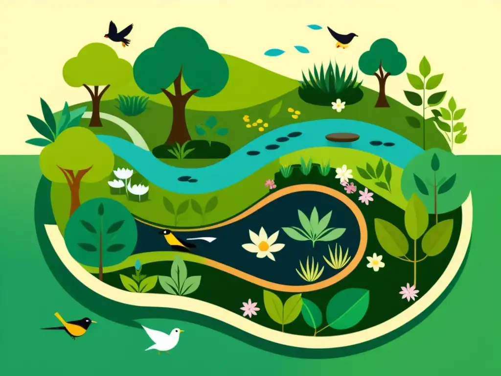 Jardín de permacultura: armonía natural y sostenible Diseño de sistemas de permacultura: Ilustración serena de un jardín biodiverso y armonioso, tejiendo vida y equilibrio en sutiles tonos terrosos