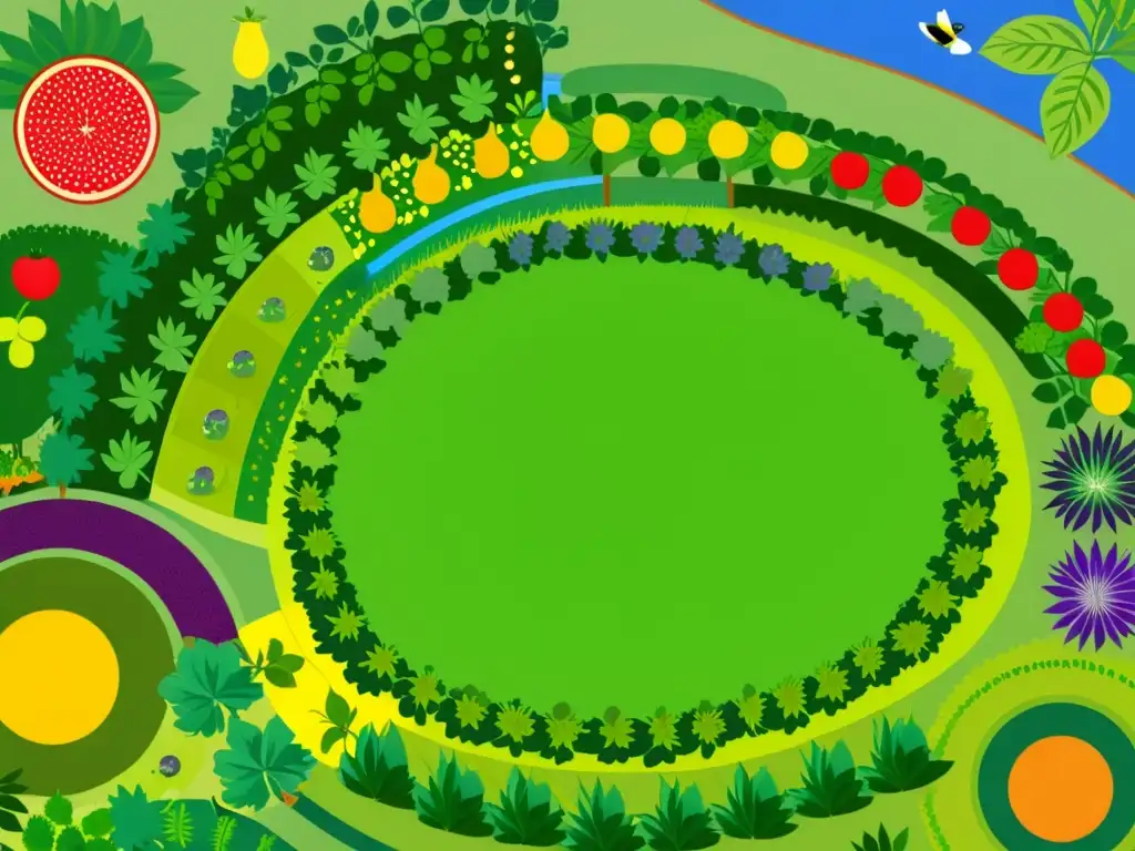 Jardín de permacultura vibrante y sostenible Diseño de sistemas de permacultura: Jardín vibrante y exuberante con diversidad de plantas, vida silvestre y diseño sostenible