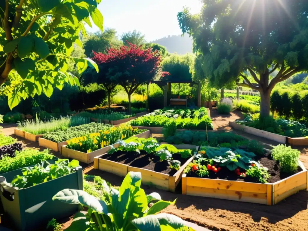 Diseño sostenible en agricultura orgánica: Jardín permacultural exuberante con cultivos variados y sistema de riego eficiente