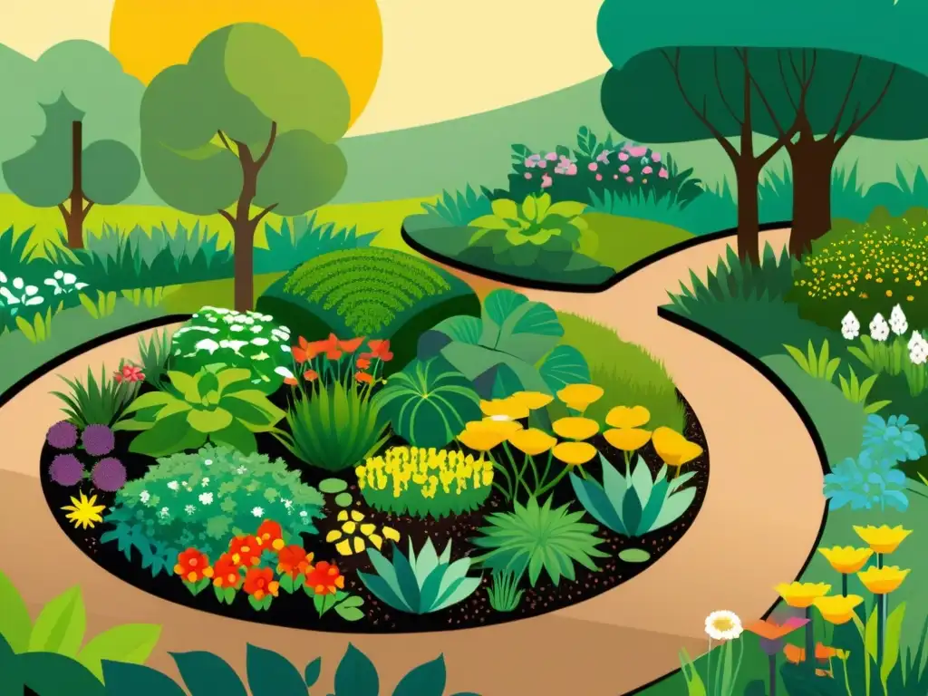 Diseño sostenible en agricultura orgánica: Ilustración vibrante de un próspero jardín permacultural, repleto de plantas exuberantes, flores coloridas e insectos activos, con senderos sinuosos y áreas de descanso estratégicamente ubicadas, irradiando equilibrio y