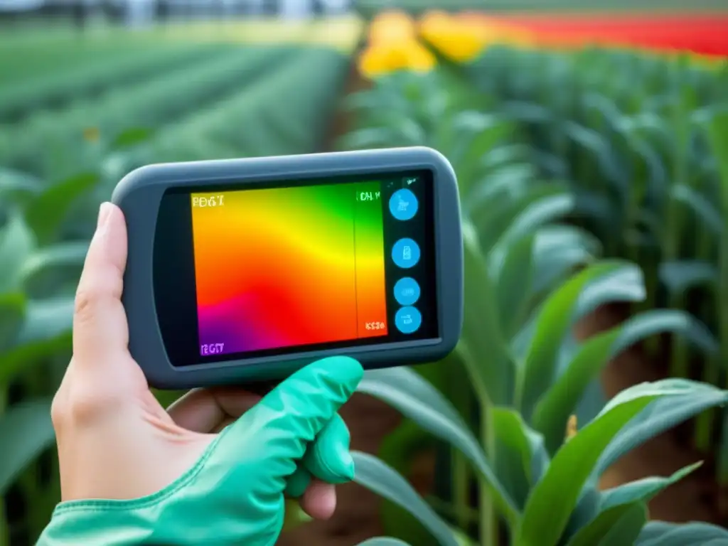 Dispositivo de alta tecnología muestra mapa de calor en campo de cultivo, ofreciendo soluciones tecnológicas para monitoreo remoto de plagas