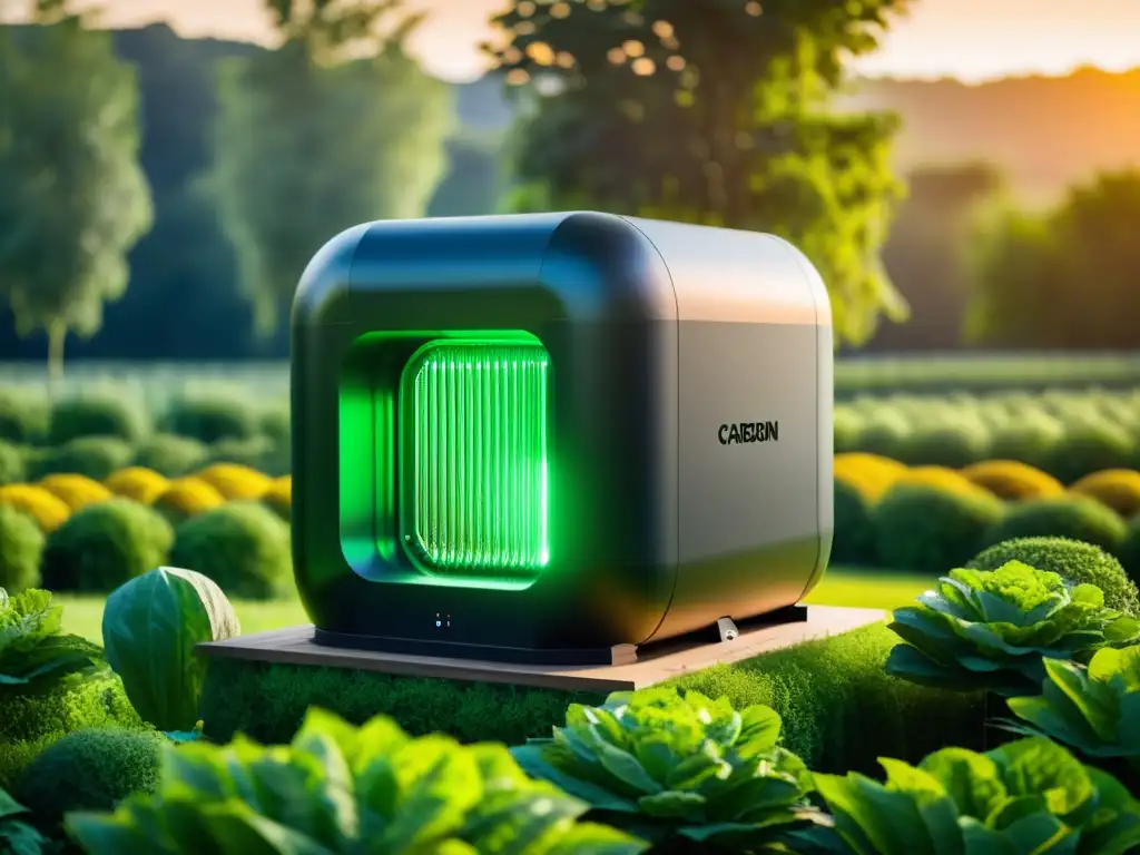 Un dispositivo de captura de CO2 de vanguardia en una granja orgánica, integrando tecnología y naturaleza al atardecer