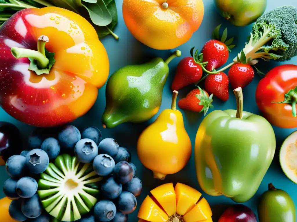 Diversa selección de frutas y verduras orgánicas, frescas y vibrantes, en un arreglo artístico, exudando vitalidad y abundancia