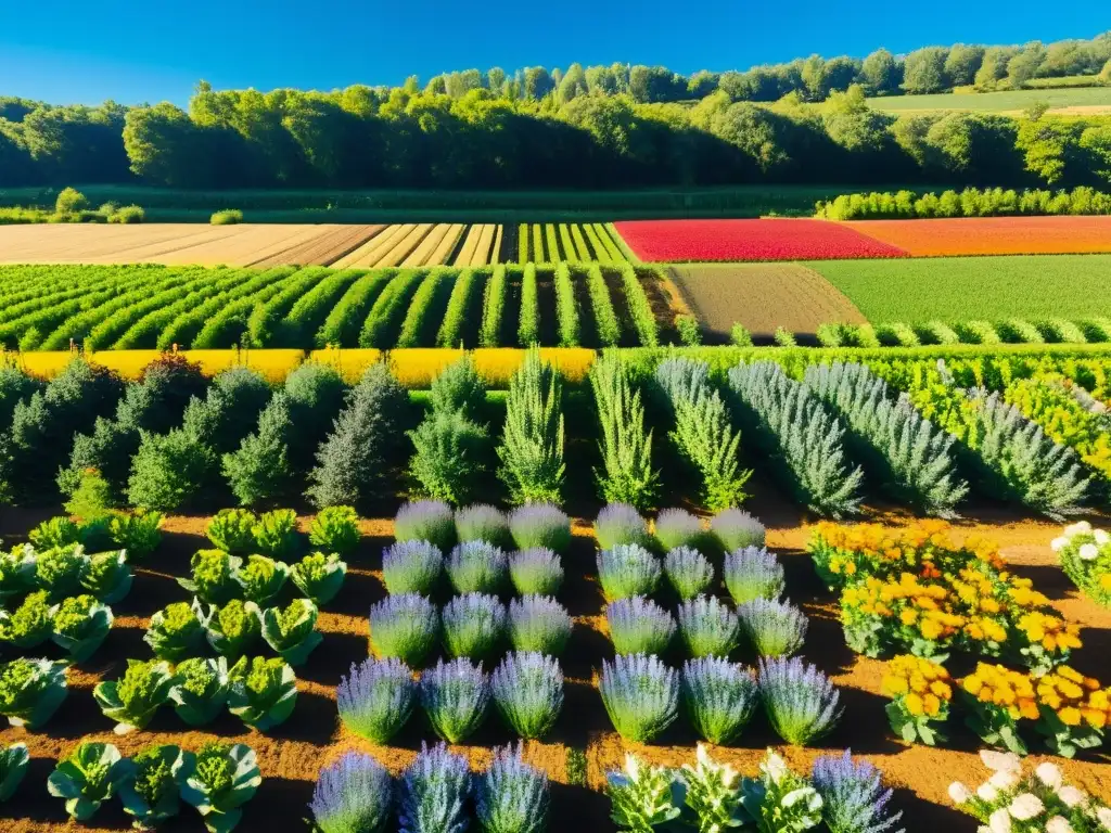 Diversidad en granjas orgánicas: Una exuberante y vibrante granja orgánica con cultivos diversos que se extienden hasta el horizonte bajo un cielo azul claro