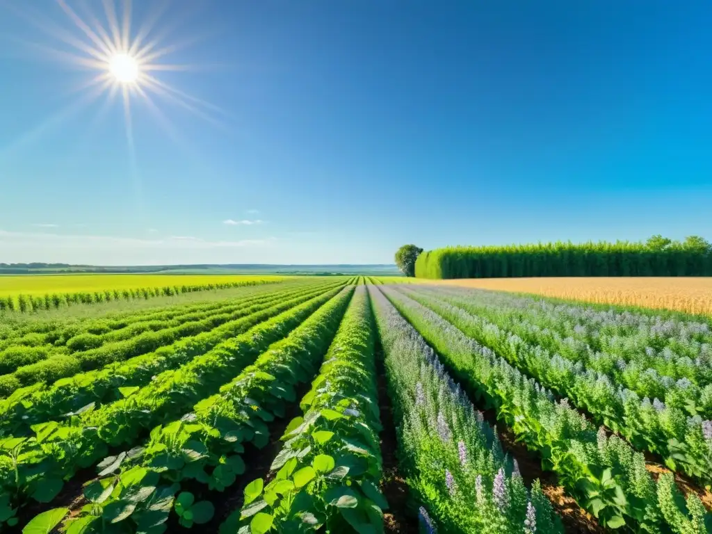 Diversidad microbiana suelo orgánico: Campo verde exuberante con cultivos de cobertura vibrantes, cielo azul y vida silvestre