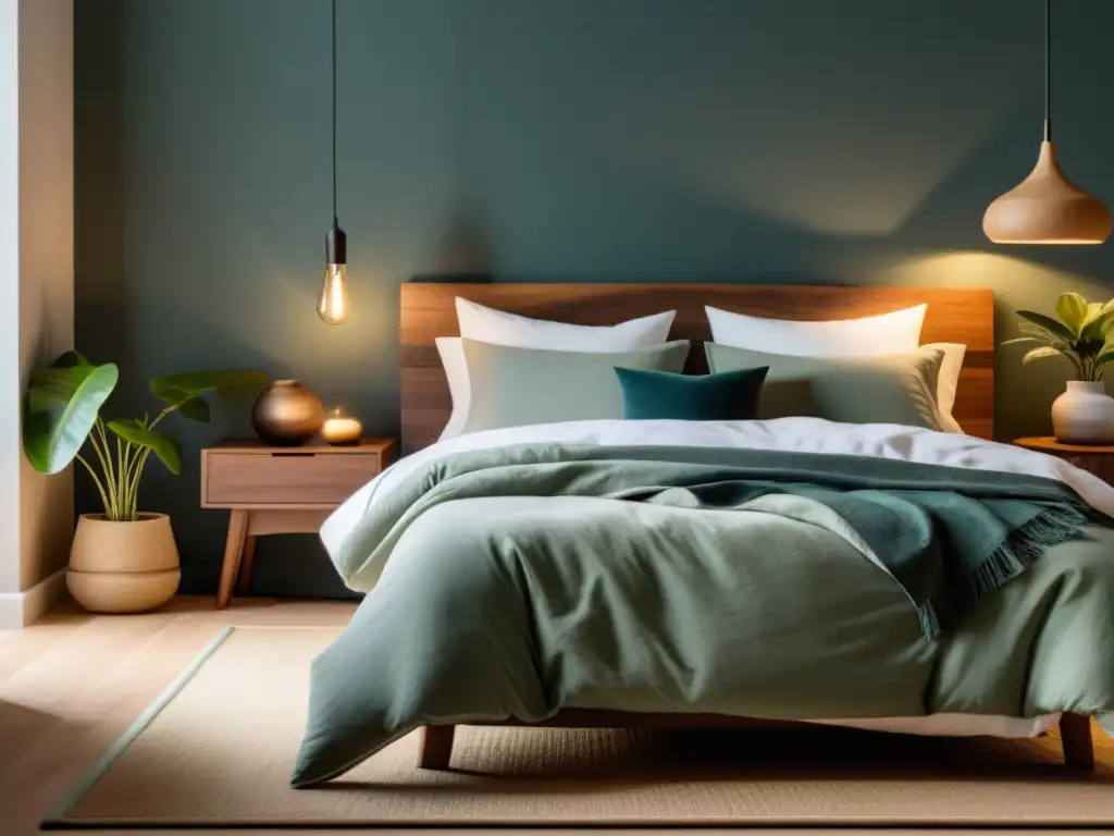 Un dormitorio sereno con ropa de cama orgánica, luz suave y paleta de colores relajante