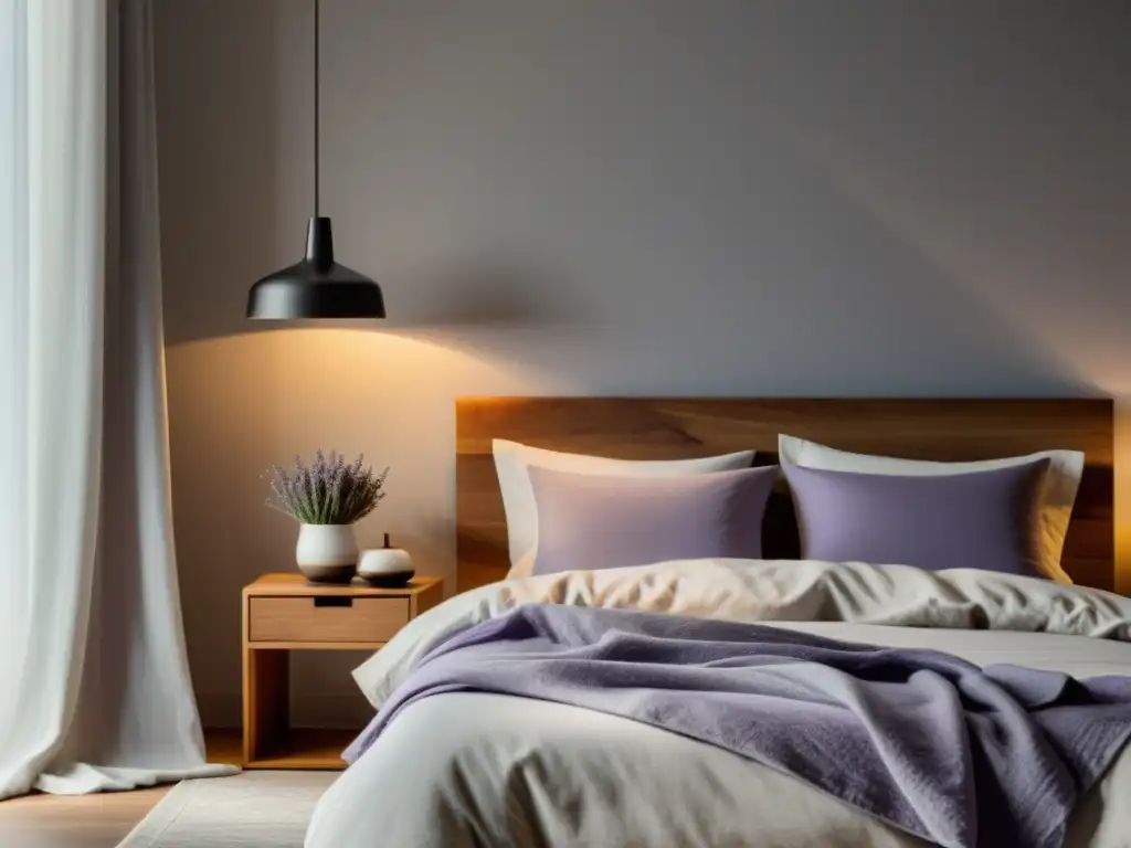 Un dormitorio sereno con sábanas de algodón orgánico, una planta de lavanda en la mesita de noche y luz natural suave a través de cortinas vaporosas, creando un ambiente tranquilo y acogedor para un sueño reparador de calidad con beneficios de alimentos orgánicos