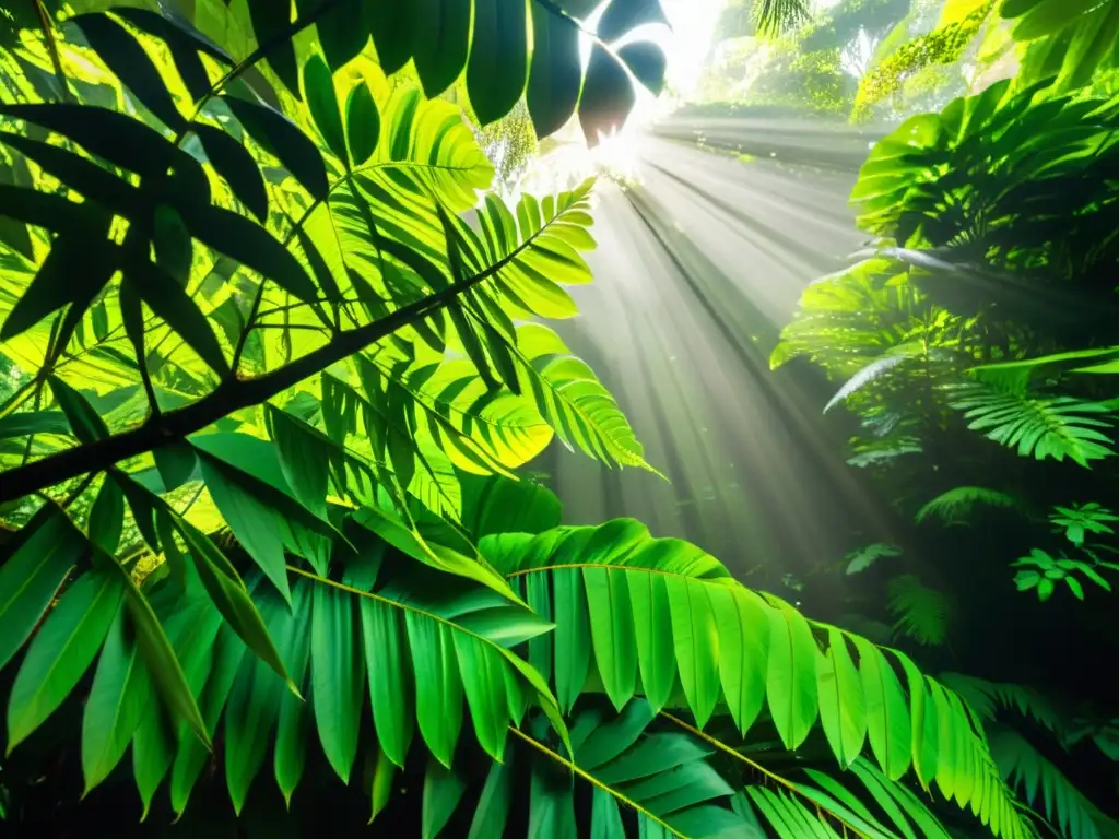 Un dosel de selva tropical vibrante y exuberante, con hojas e intrincados patrones de ramas creando un paisaje texturizado