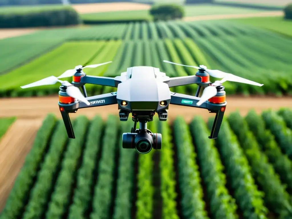 Un dron de precisión en una granja orgánica, capturando datos con tecnología avanzada