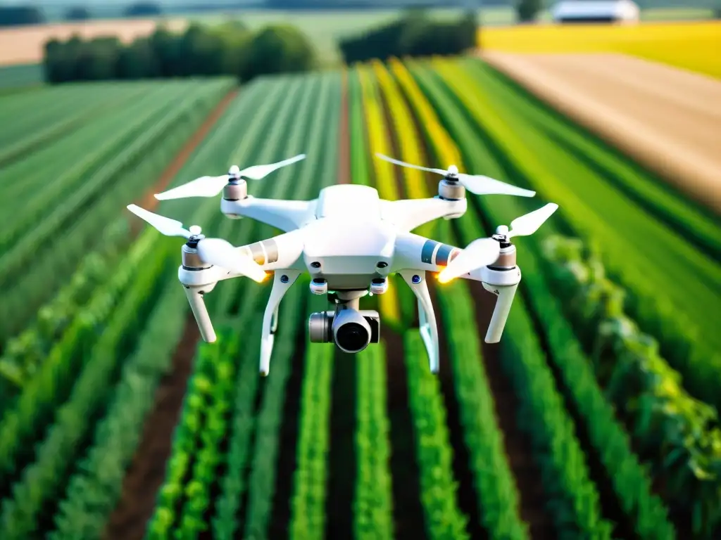 Dron moderno capturando datos detallados sobre la salud de los cultivos en una granja orgánica exuberante