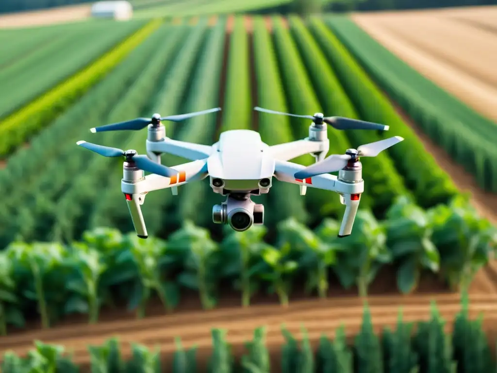 Dron moderno capturando datos en una granja orgánica vibrante