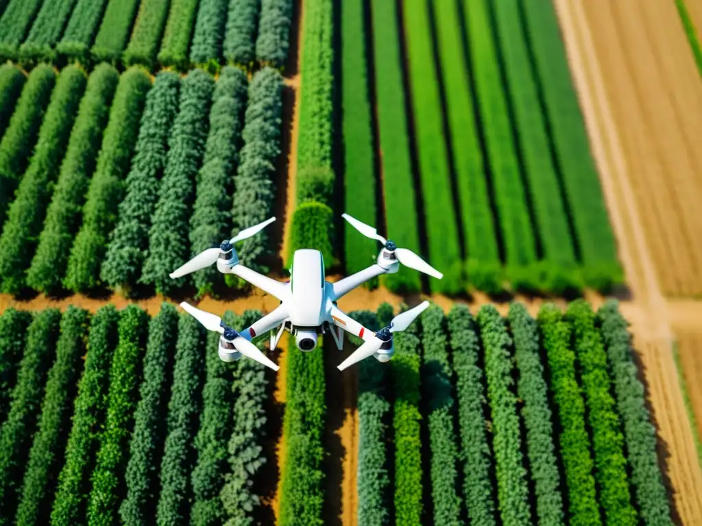 Un dron de agricultura de precisión sobrevuela un próspero cultivo orgánico, destacando la innovación de los equipos avanzados en la agricultura