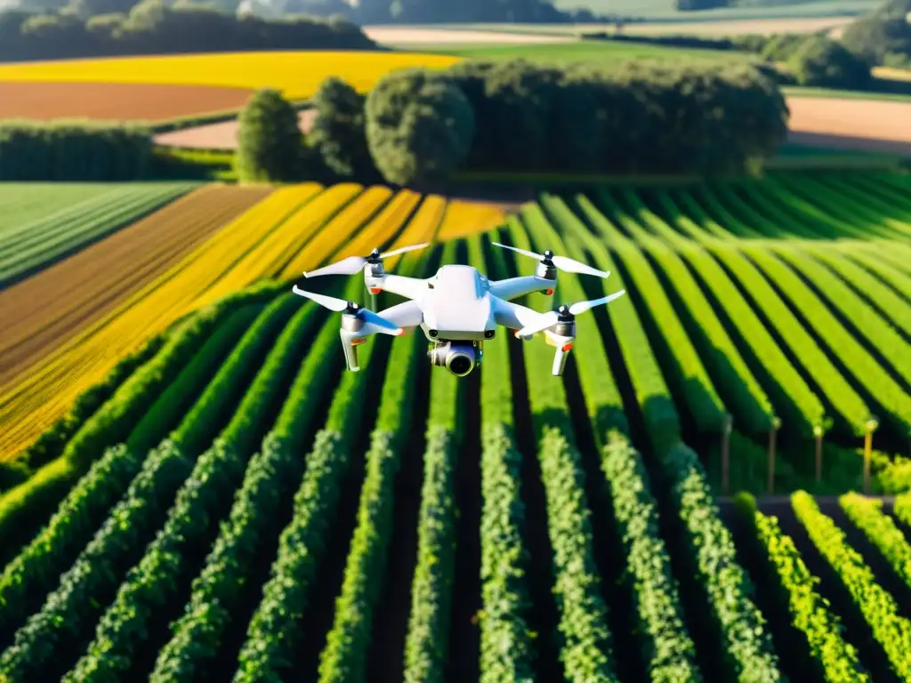 Un drone agrícola futurista sobrevuela un exuberante cultivo orgánico, creando una armonía entre lo tecnológico y lo natural