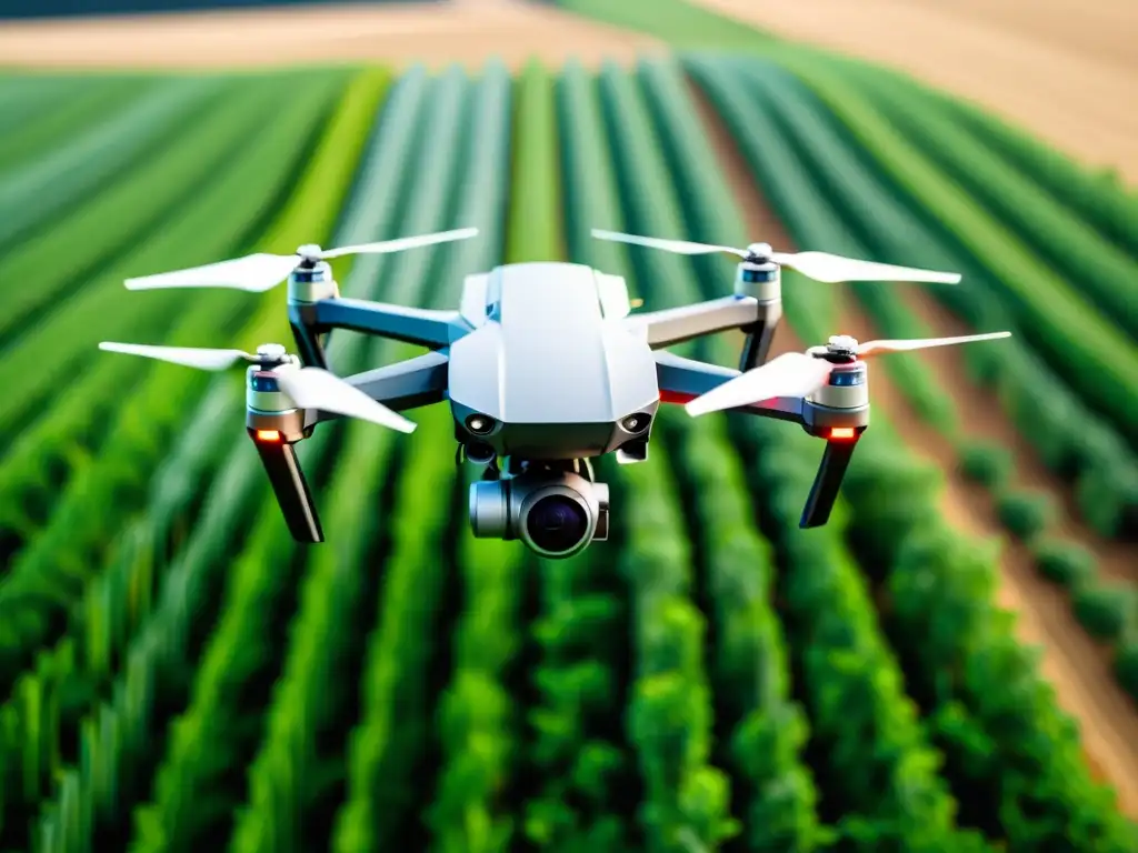 Drone futurista monitorizando cultivos orgánicos con tecnología avanzada en resolución 8k, contrastando con la exuberante vegetación